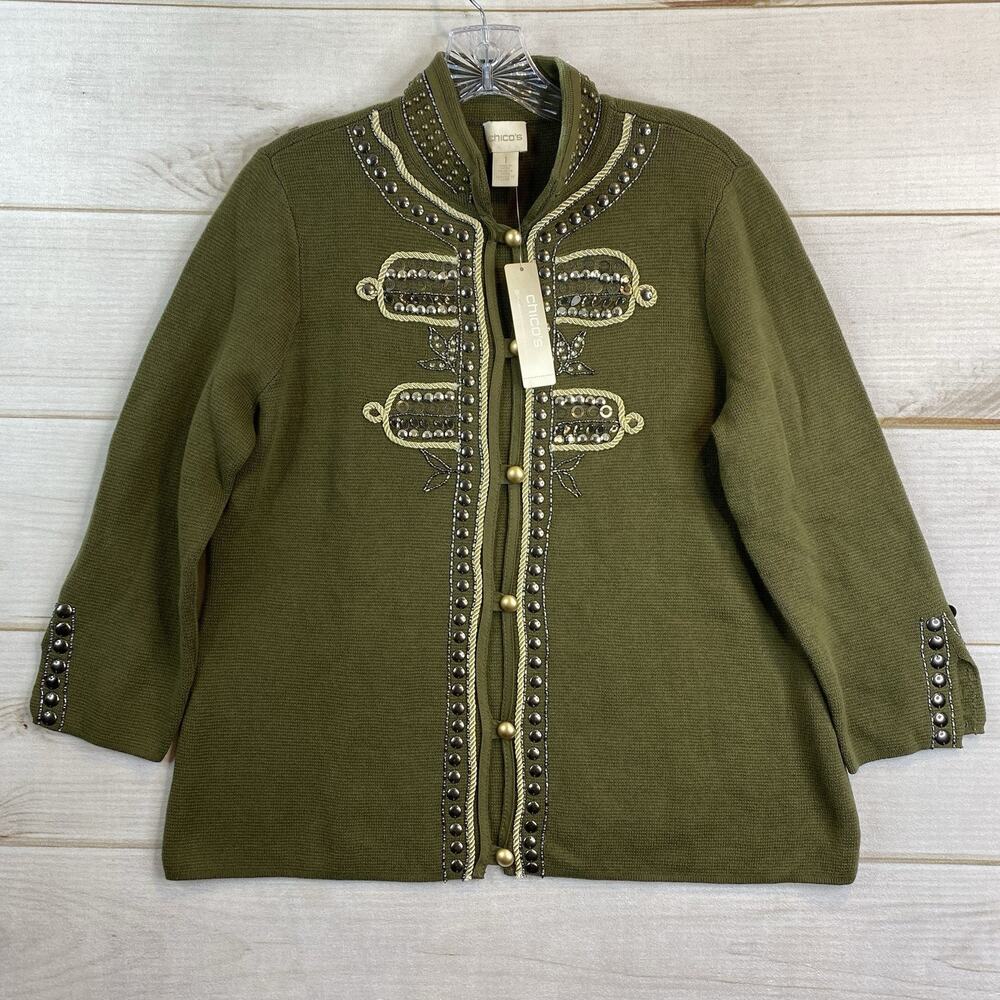 Chicos Sz 1 M 8/10 Cardigan Sweater Studded Beaded Button Up Olive Green NWT